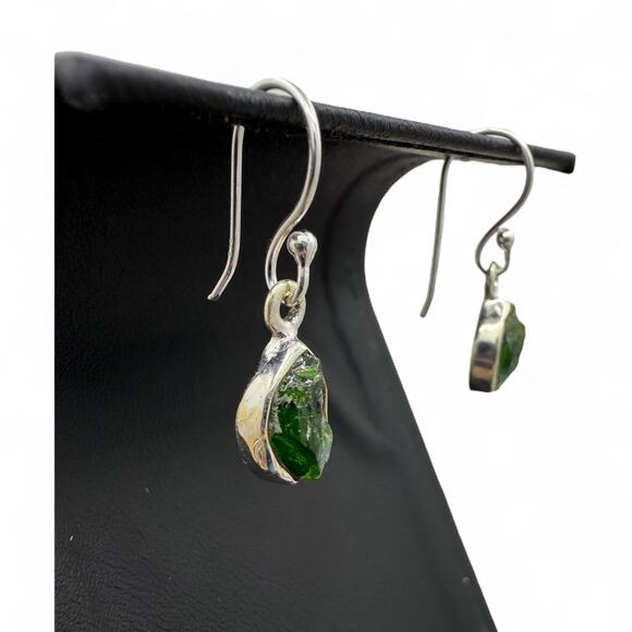 Raw Chrome Diopside Dangle Earrings 925 Sterling Silver Green Handmade - Picture 6 of 6